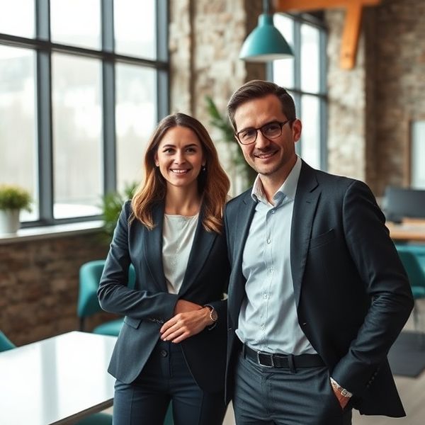 Dva partnerja pisarne Novak & Potočnik v svetli sodobni pisarni v Celju